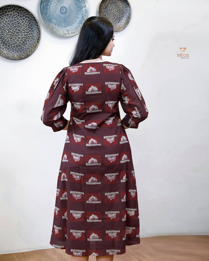 Cotton Ajrakh Kurti Pleated Front | Side Pocket | Burgundy