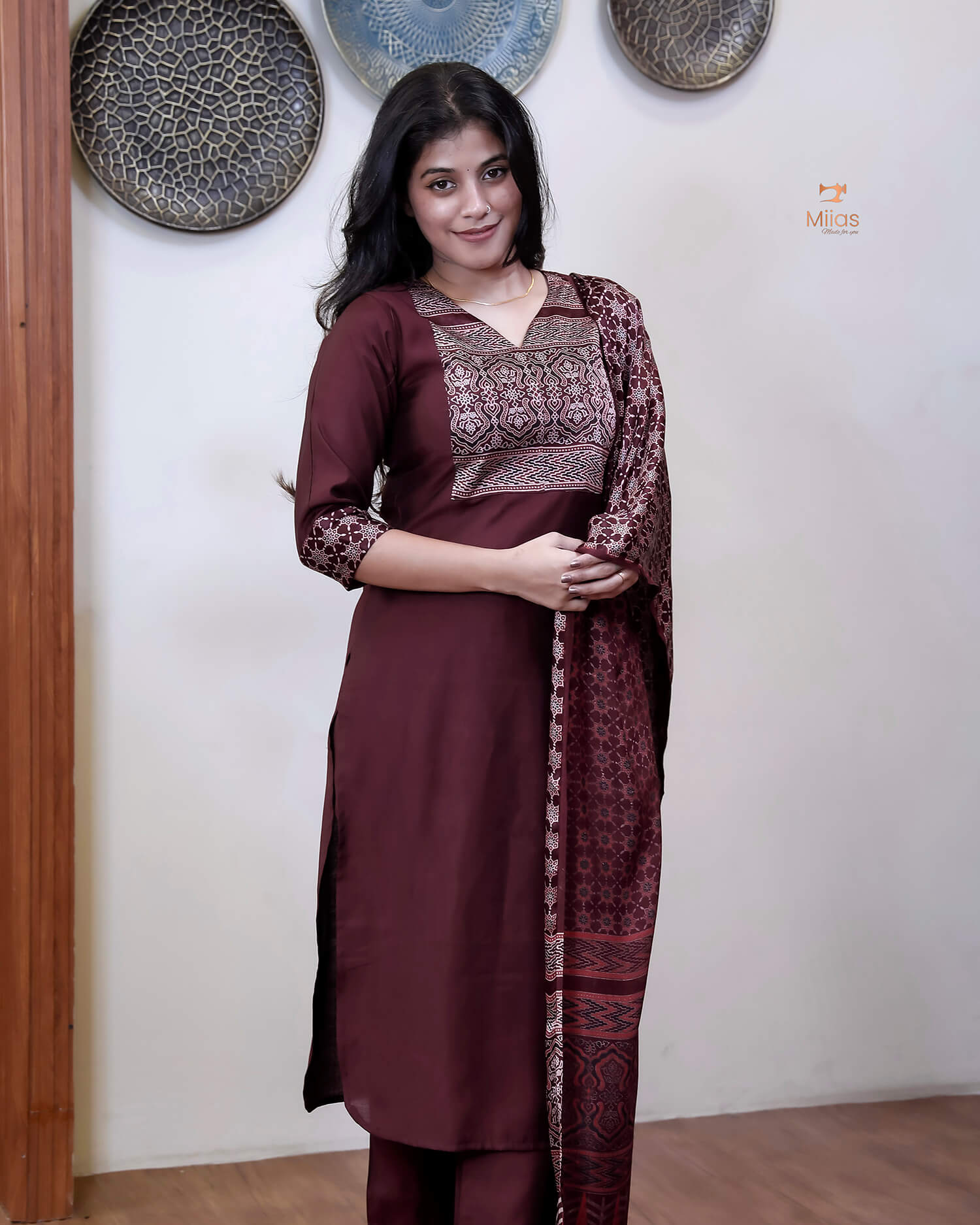 Spun Silk Top & Bottom Set with Modal Silk Dupatta-Maroon