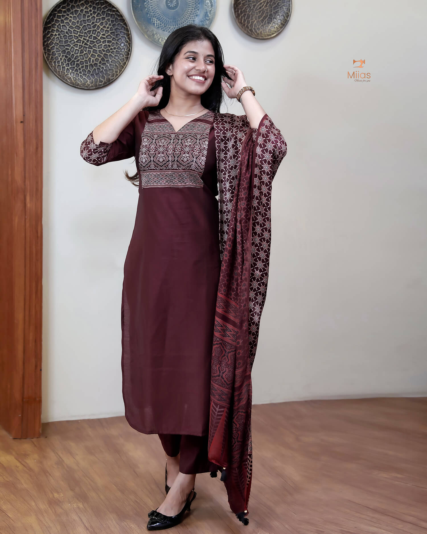 Spun Silk Top & Bottom Set with Modal Silk Dupatta-Maroon