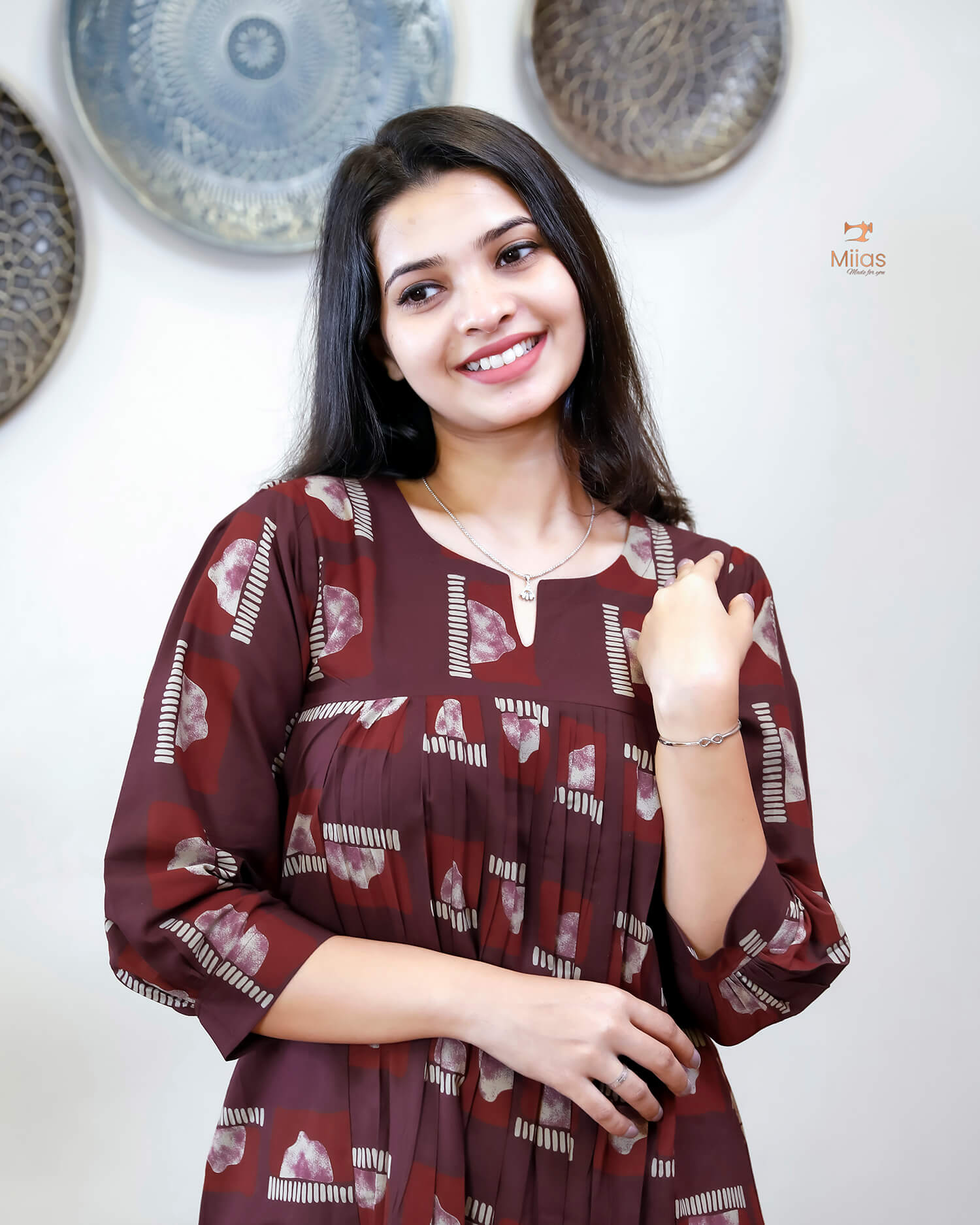 Cotton Ajrakh Kurti Pleated Front | Side Pocket | Burgundy