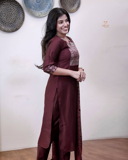 Spun Silk Top & Bottom Set with Modal Silk Dupatta-Maroon