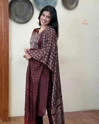 Spun Silk Top & Bottom Set with Modal Silk Dupatta-Maroon