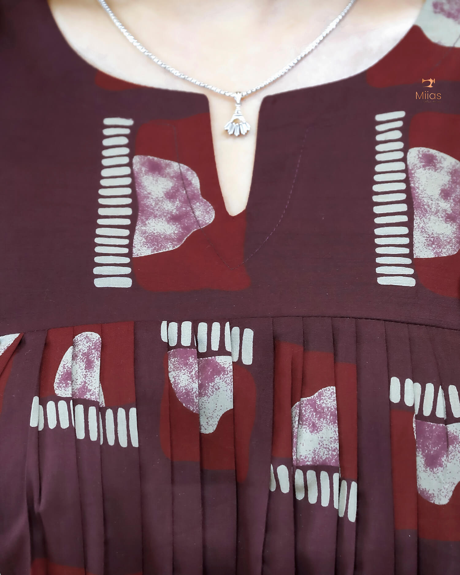 Cotton Ajrakh Kurti Pleated Front | Side Pocket | Burgundy