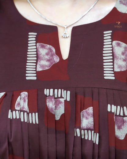 Cotton Ajrakh Kurti Pleated Front | Side Pocket | Burgundy