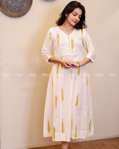 Jaipur Block Print Panel Kurti | Potli Yoke + Piping | White
