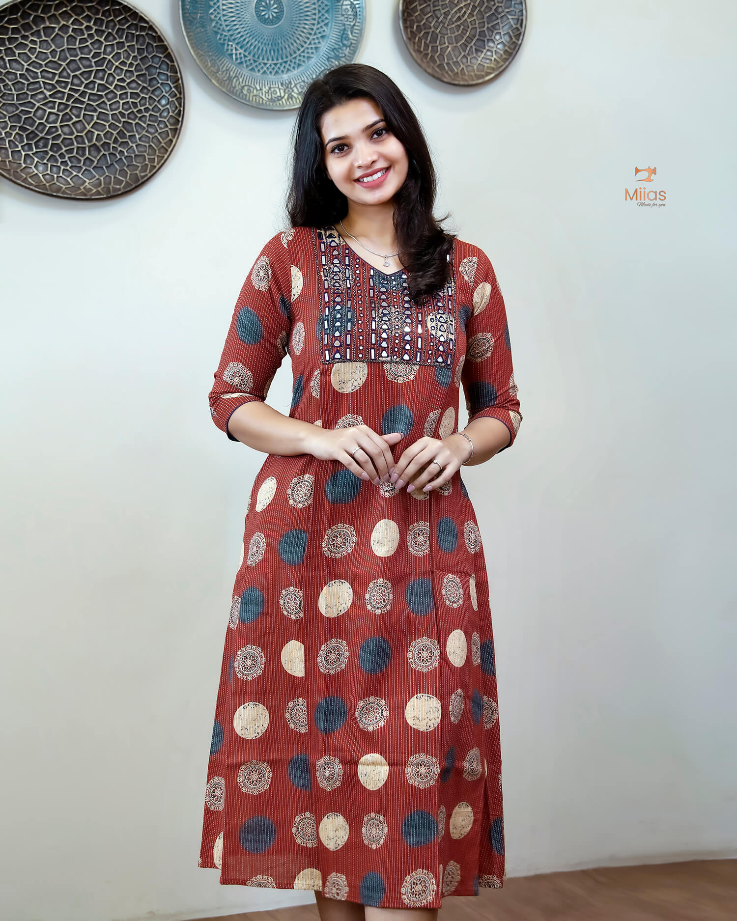 Handblock Kantha Cotton | A-Line Dress Kurti | Brick Red