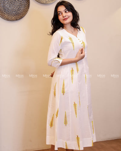Jaipur Block Print Panel Kurti | Potli Yoke + Piping | White