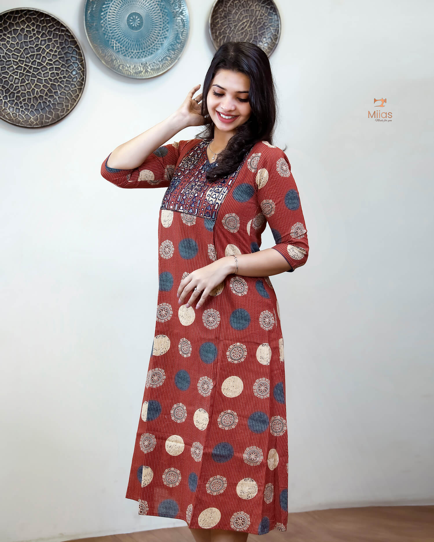 Handblock Kantha Cotton | A-Line Dress Kurti | Brick Red