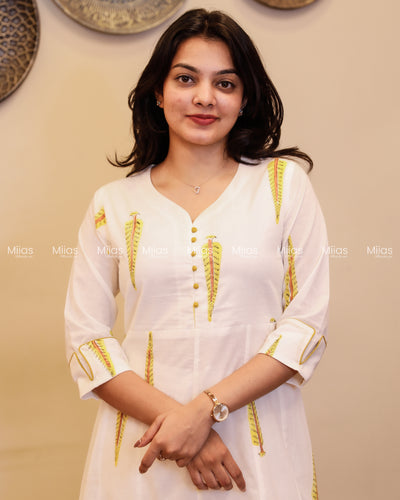 Jaipur Block Print Panel Kurti | Potli Yoke + Piping | White