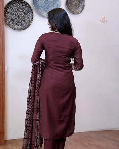 Spun Silk Top & Bottom Set with Modal Silk Dupatta-Maroon