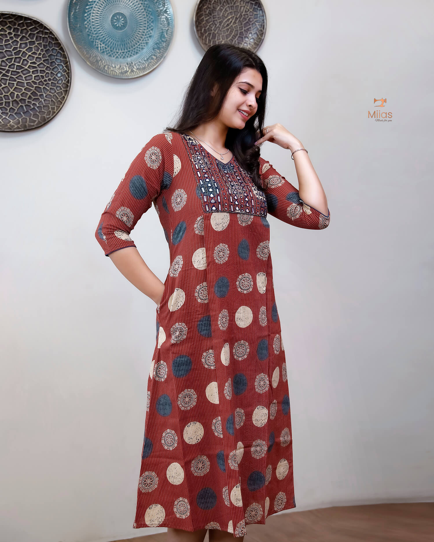 Handblock Kantha Cotton | A-Line Dress Kurti | Brick Red