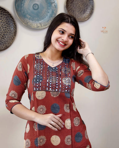 Handblock Kantha Cotton | A-Line Dress Kurti | Brick Red