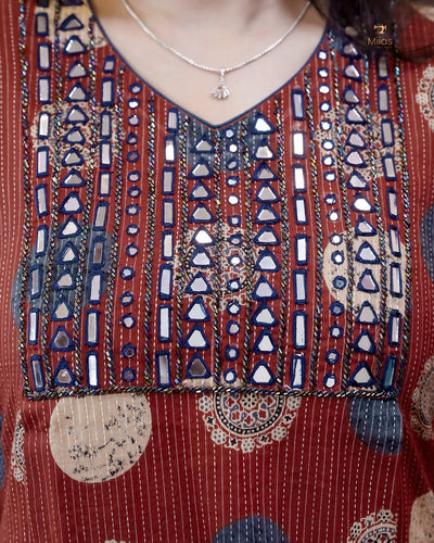 Handblock Kantha Cotton | A-Line Dress Kurti | Brick Red