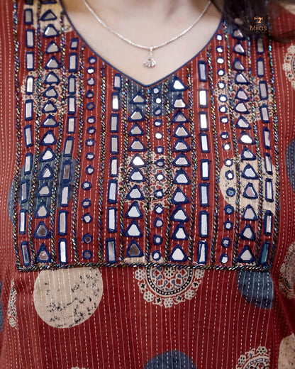 Handblock Kantha Cotton | A-Line Dress Kurti | Brick Red