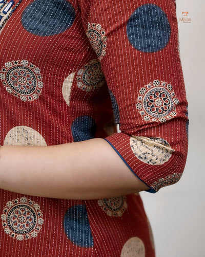 Handblock Kantha Cotton | A-Line Dress Kurti | Brick Red