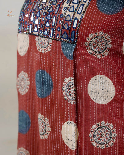 Handblock Kantha Cotton | A-Line Dress Kurti | Brick Red