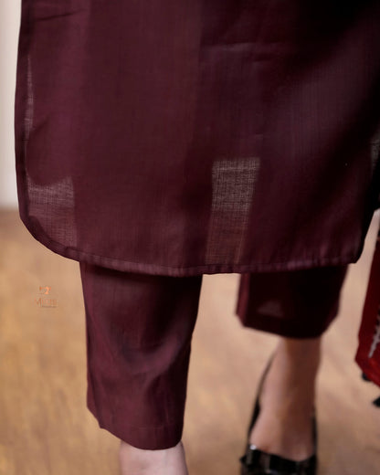 Spun Silk Top & Bottom Set with Modal Silk Dupatta-Maroon