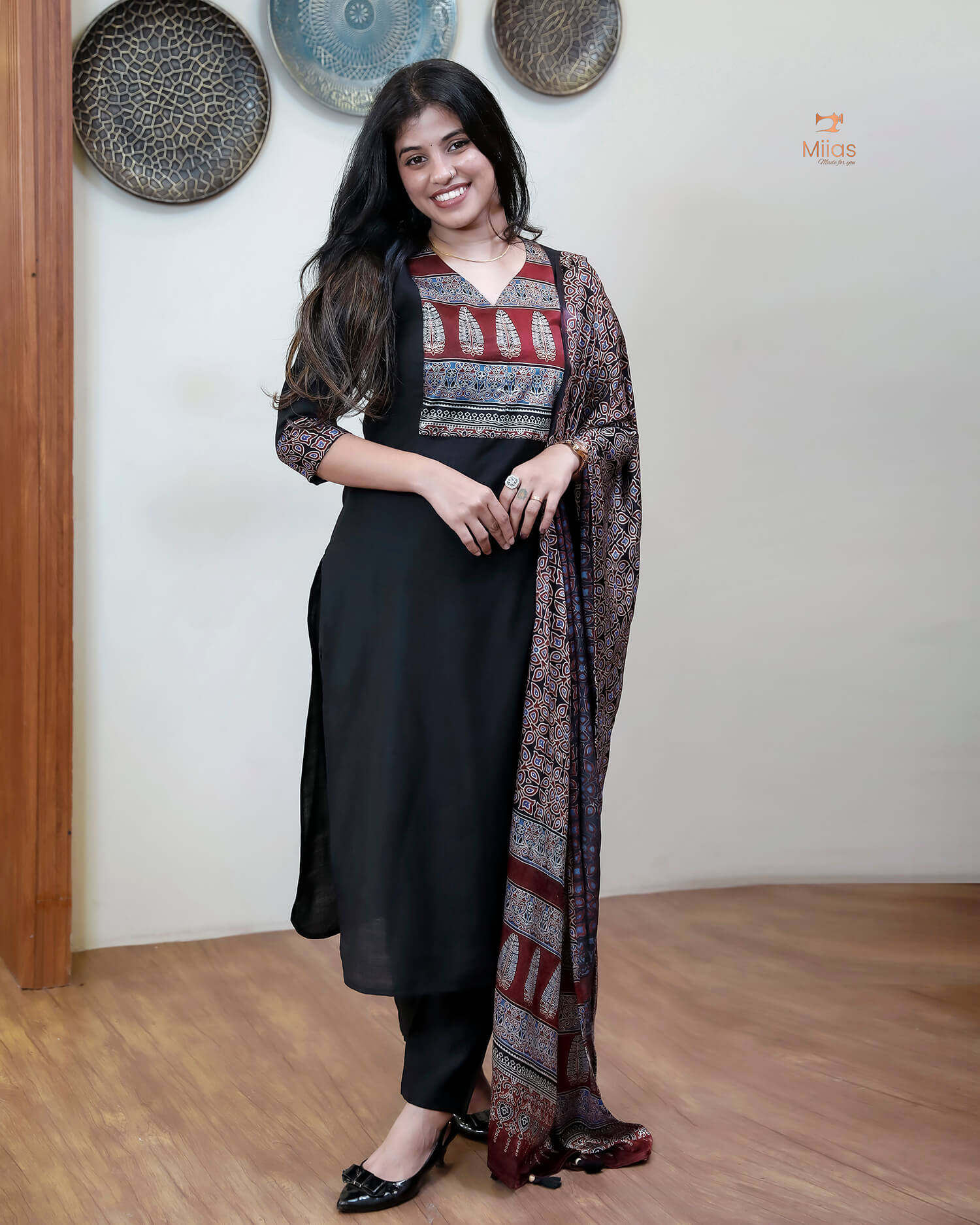 Spun Silk Top & Bottom Set with Modal Silk Dupatta-Black