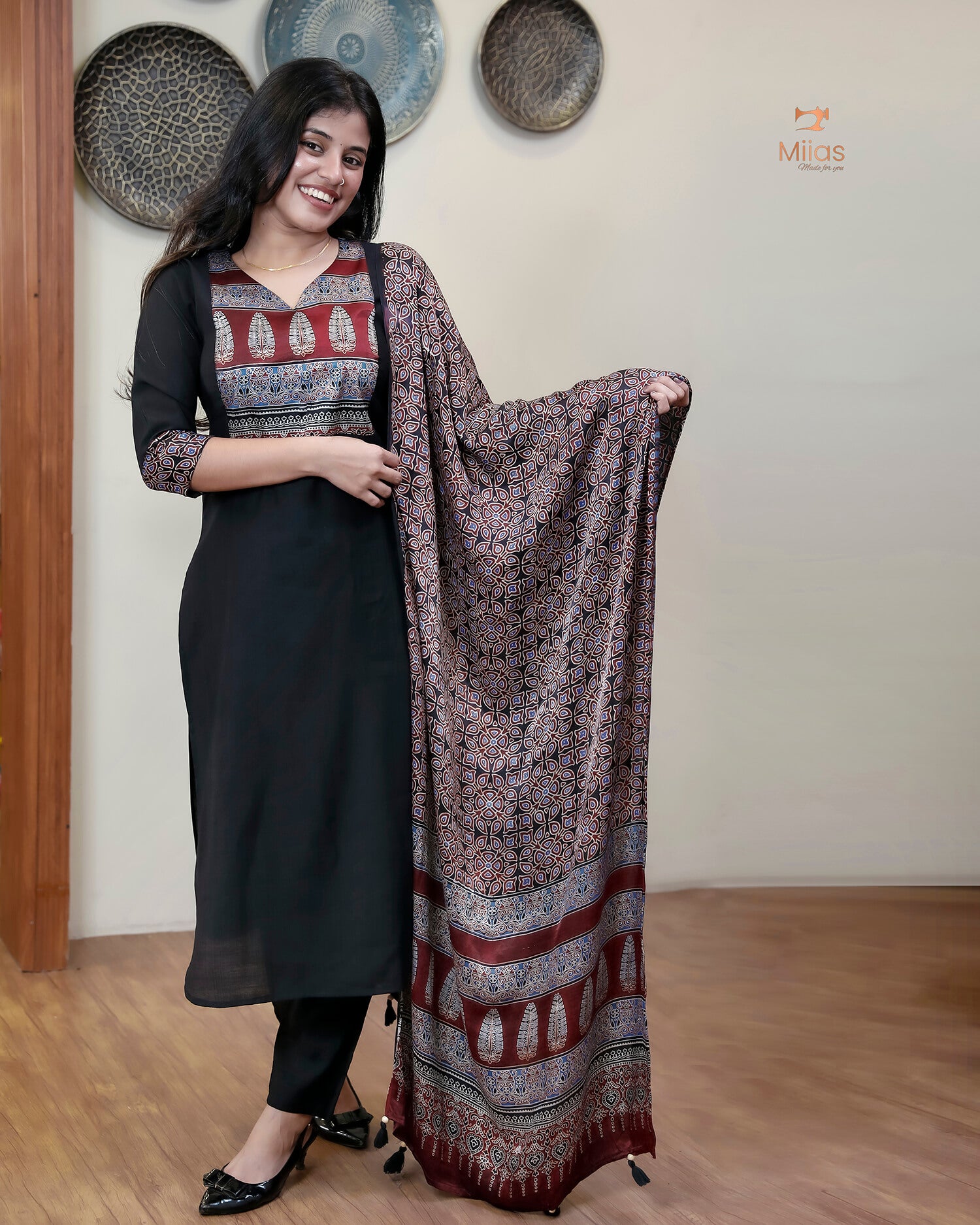Spun Silk Top & Bottom Set with Modal Silk Dupatta-Black