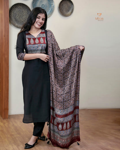 Spun Silk Top & Bottom Set with Modal Silk Dupatta-Black