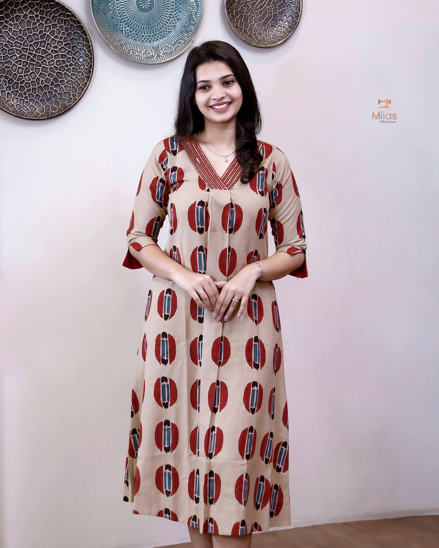 Handblock Printed Cotton A-Line Kurti | Sequined Neck | Red