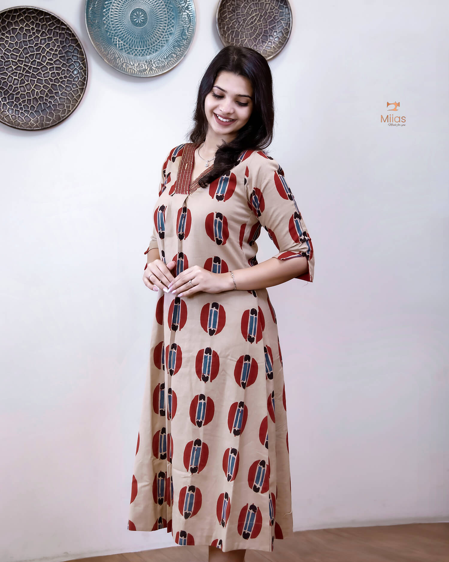 Handblock Printed Cotton A-Line Kurti | Sequined Neck | Red