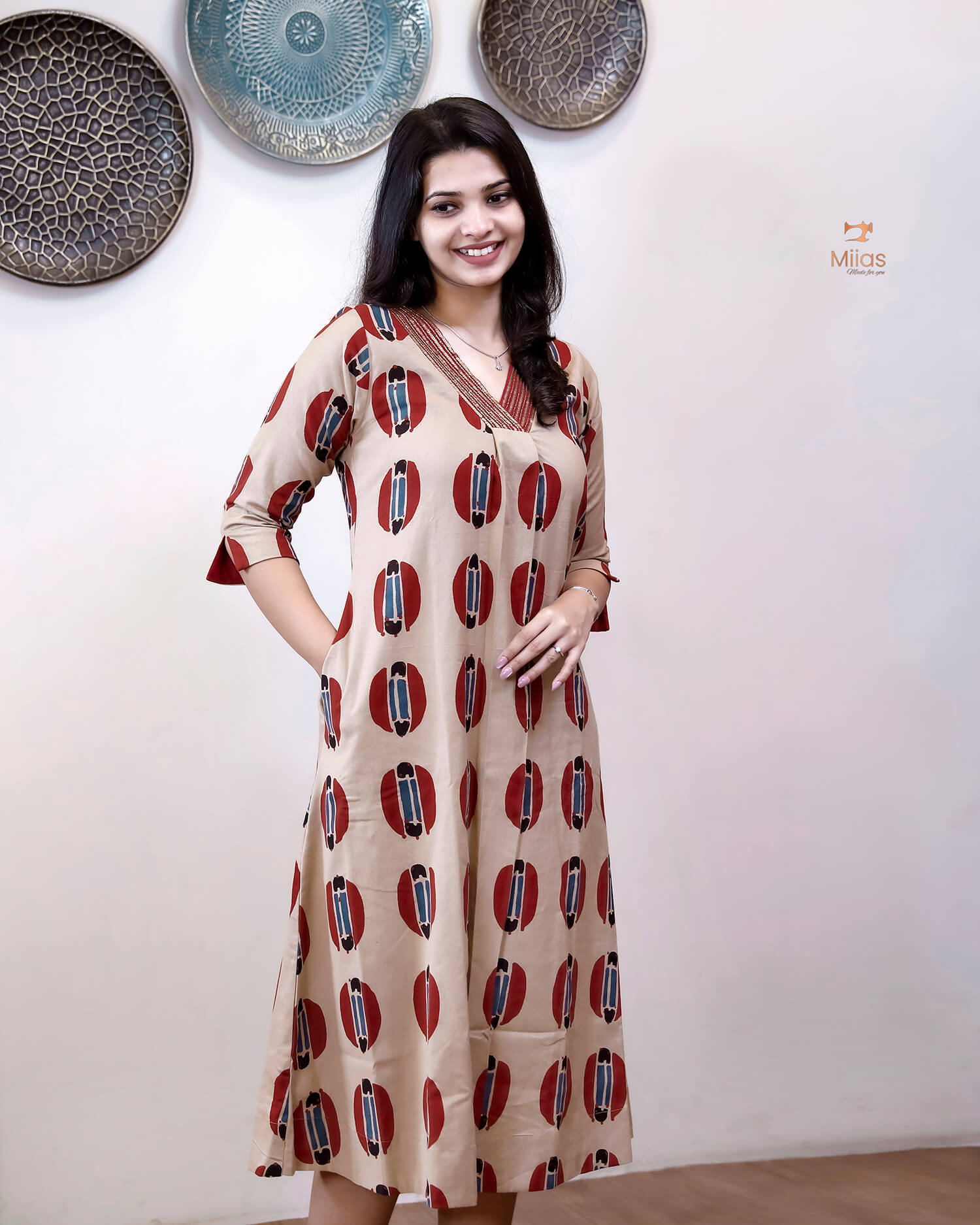 Handblock Printed Cotton A-Line Kurti | Sequined Neck | Red