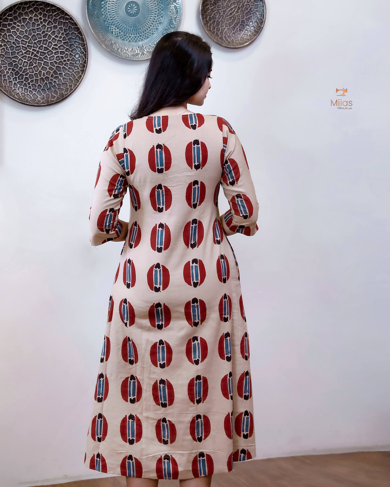 Handblock Printed Cotton A-Line Kurti | Sequined Neck | Red