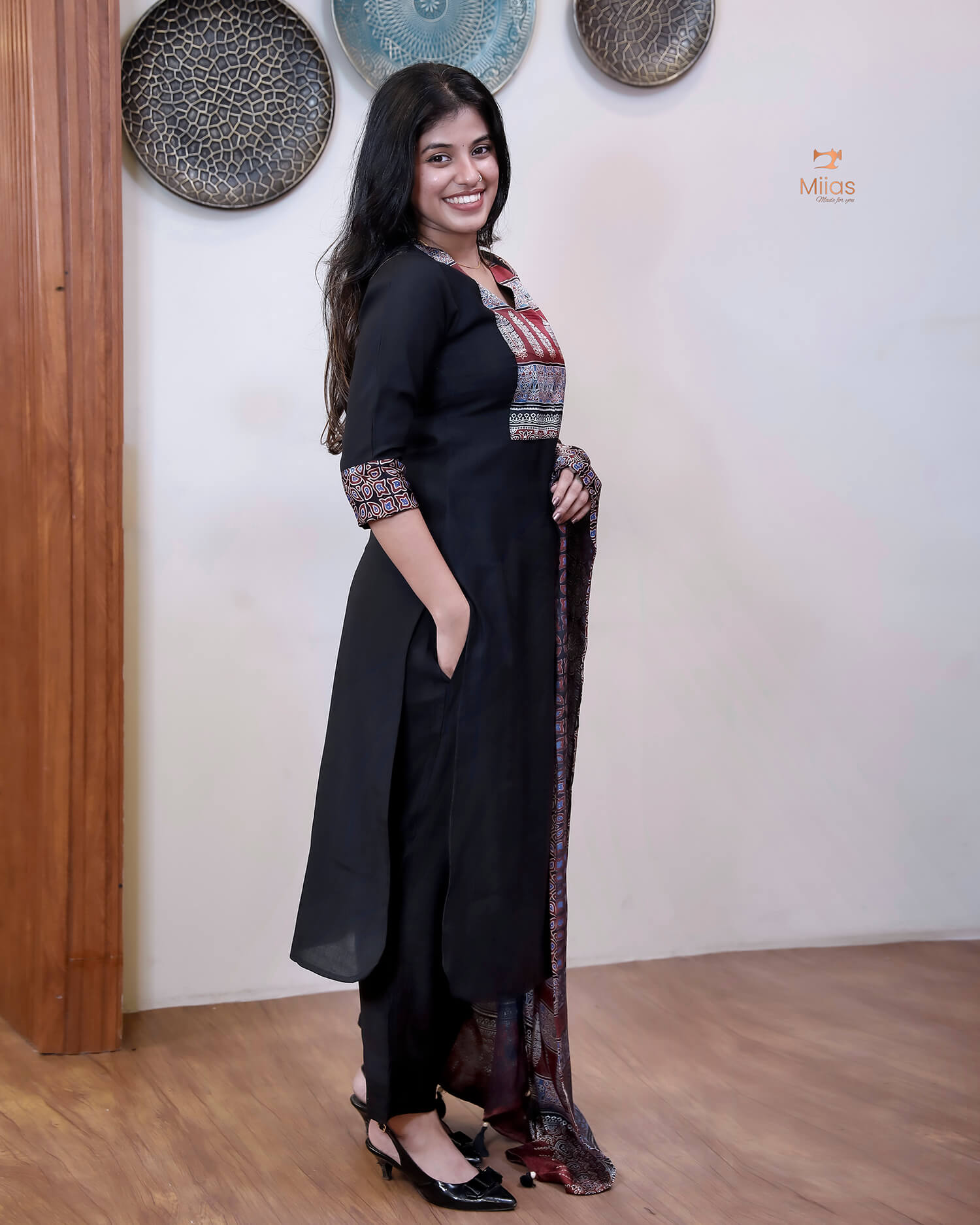 Spun Silk Top & Bottom Set with Modal Silk Dupatta-Black