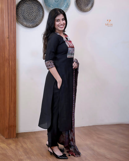 Spun Silk Top & Bottom Set with Modal Silk Dupatta-Black