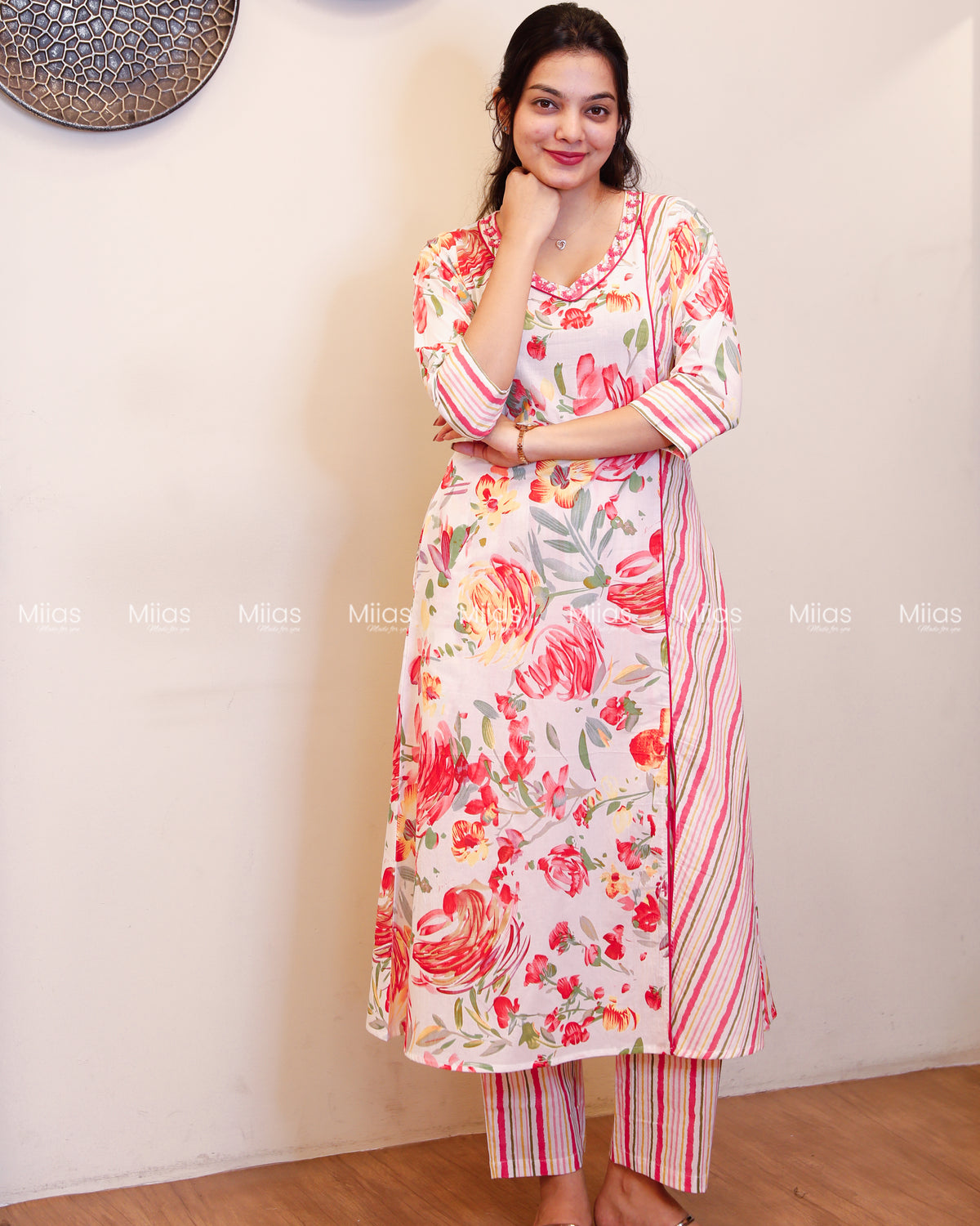 South Cotton Co-ord Set | Sequin Pearl Neck + Dual Print | White