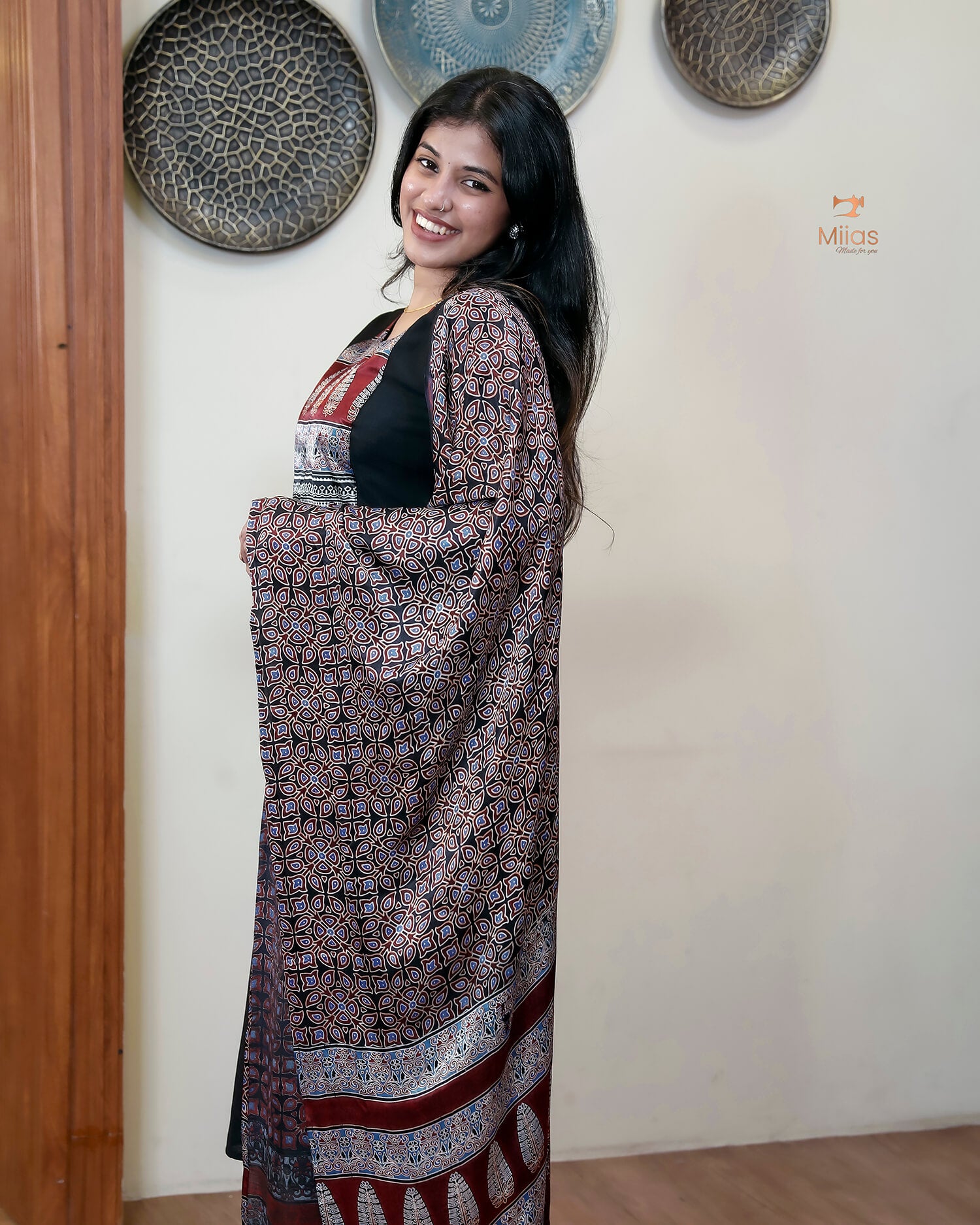 Spun Silk Top & Bottom Set with Modal Silk Dupatta-Black