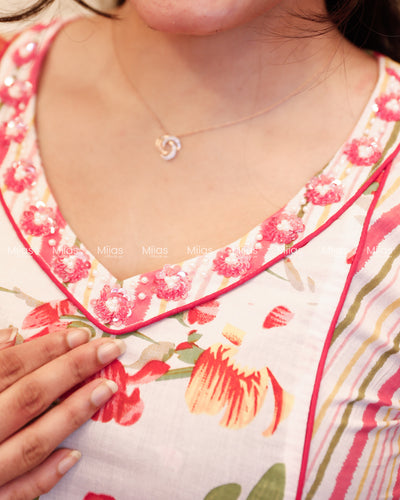 South Cotton Co-ord Set | Sequin Pearl Neck + Dual Print | White