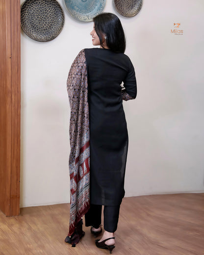 Spun Silk Top & Bottom Set with Modal Silk Dupatta-Black