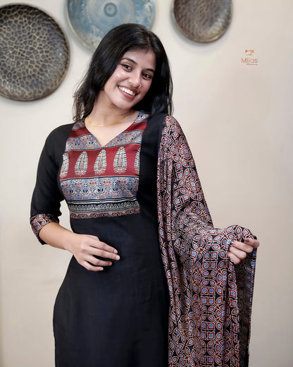 Spun Silk Top & Bottom Set with Modal Silk Dupatta-Black