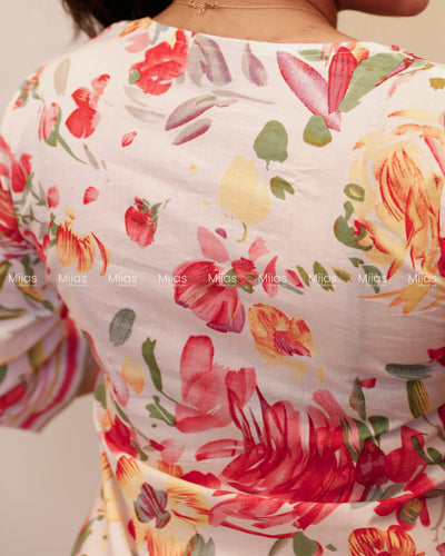 South Cotton Co-ord Set | Sequin Pearl Neck + Dual Print | White