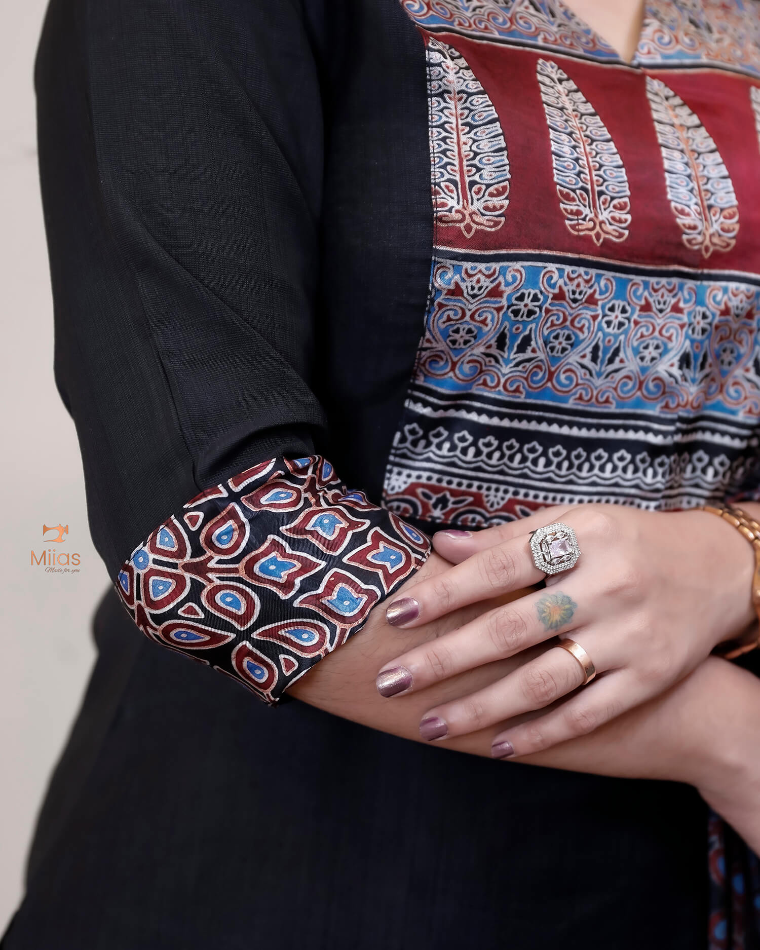 Spun Silk Top & Bottom Set with Modal Silk Dupatta-Black