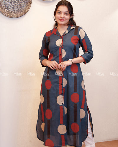 Ajrakh Cotton Shirt Dress Kurti | Button-Down + Slits + Pocket | Blue