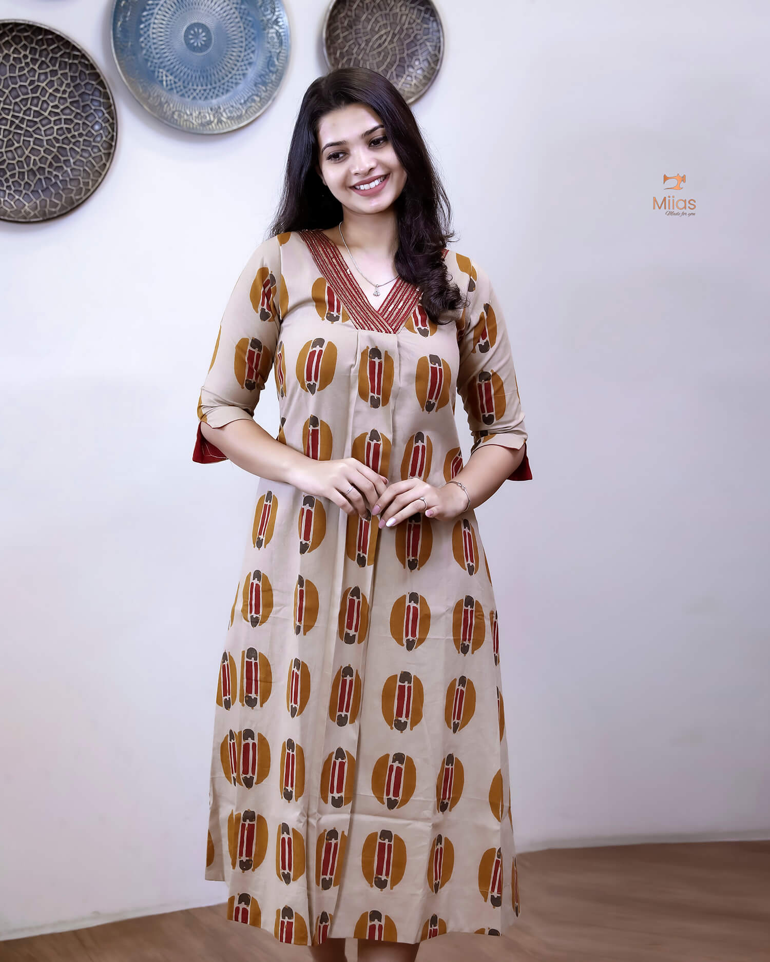 Handblock Printed Cotton A-Line Kurti | Sequined Neck | Yellow
