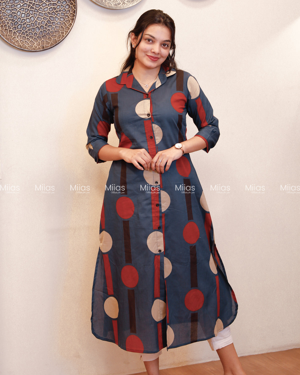 Ajrakh Cotton Shirt Dress Kurti | Button-Down + Slits + Pocket | Blue