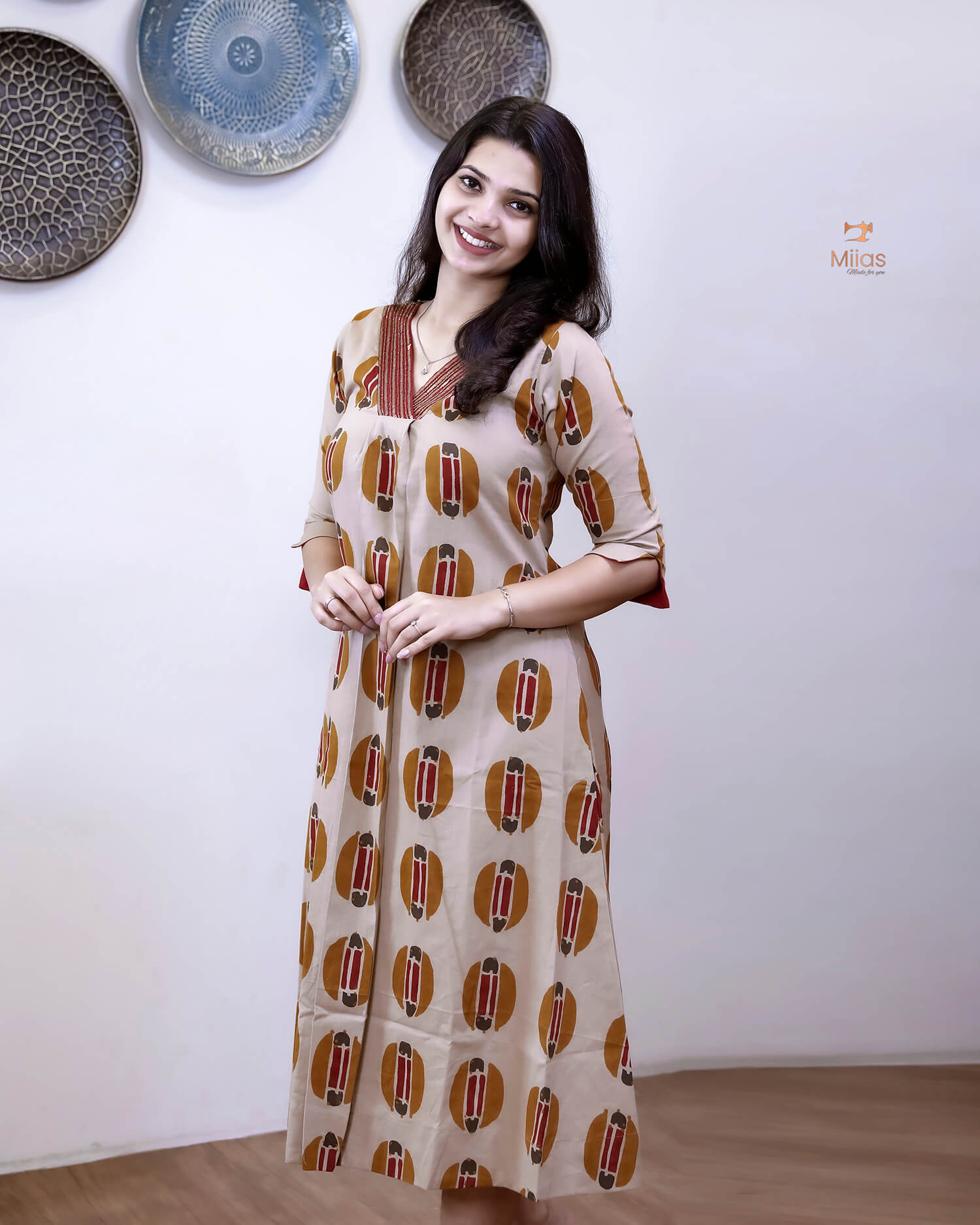 Handblock Printed Cotton A-Line Kurti | Sequined Neck | Yellow
