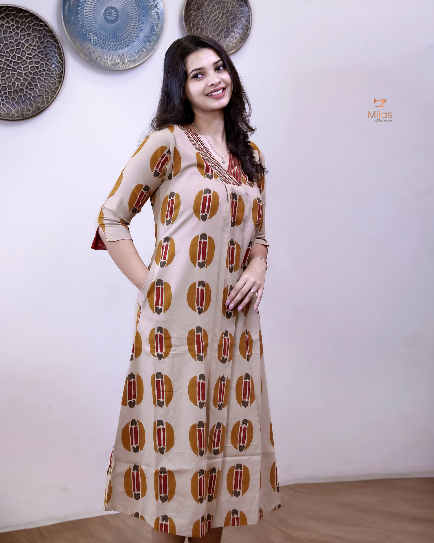 Handblock Printed Cotton A-Line Kurti | Sequined Neck | Yellow