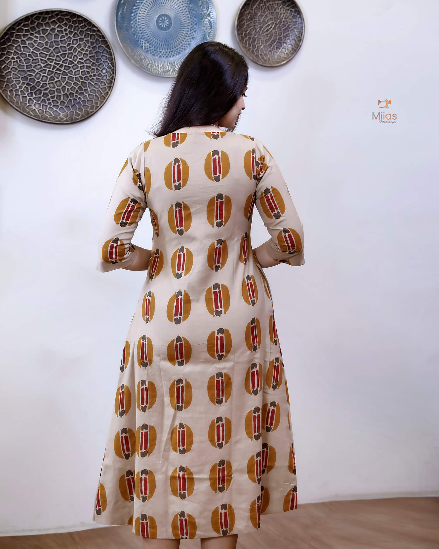 Handblock Printed Cotton A-Line Kurti | Sequined Neck | Yellow