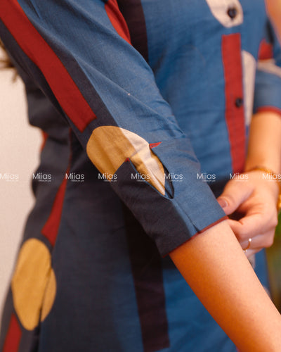 Ajrakh Cotton Shirt Dress Kurti | Button-Down + Slits + Pocket | Blue