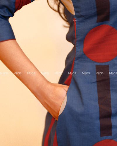 Ajrakh Cotton Shirt Dress Kurti | Button-Down + Slits + Pocket | Blue
