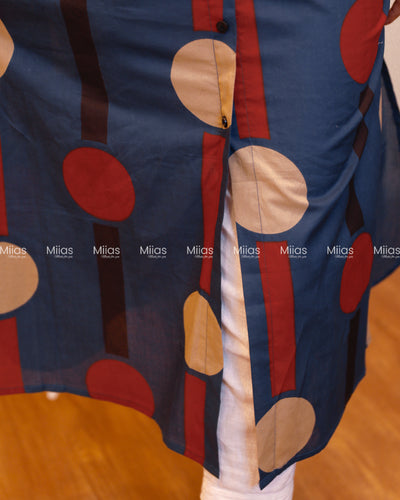 Ajrakh Cotton Shirt Dress Kurti | Button-Down + Slits + Pocket | Blue