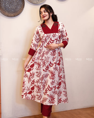 Vatican Fabric Kurti | Floral A-Line Top + Pockets | White & Reddish maroon