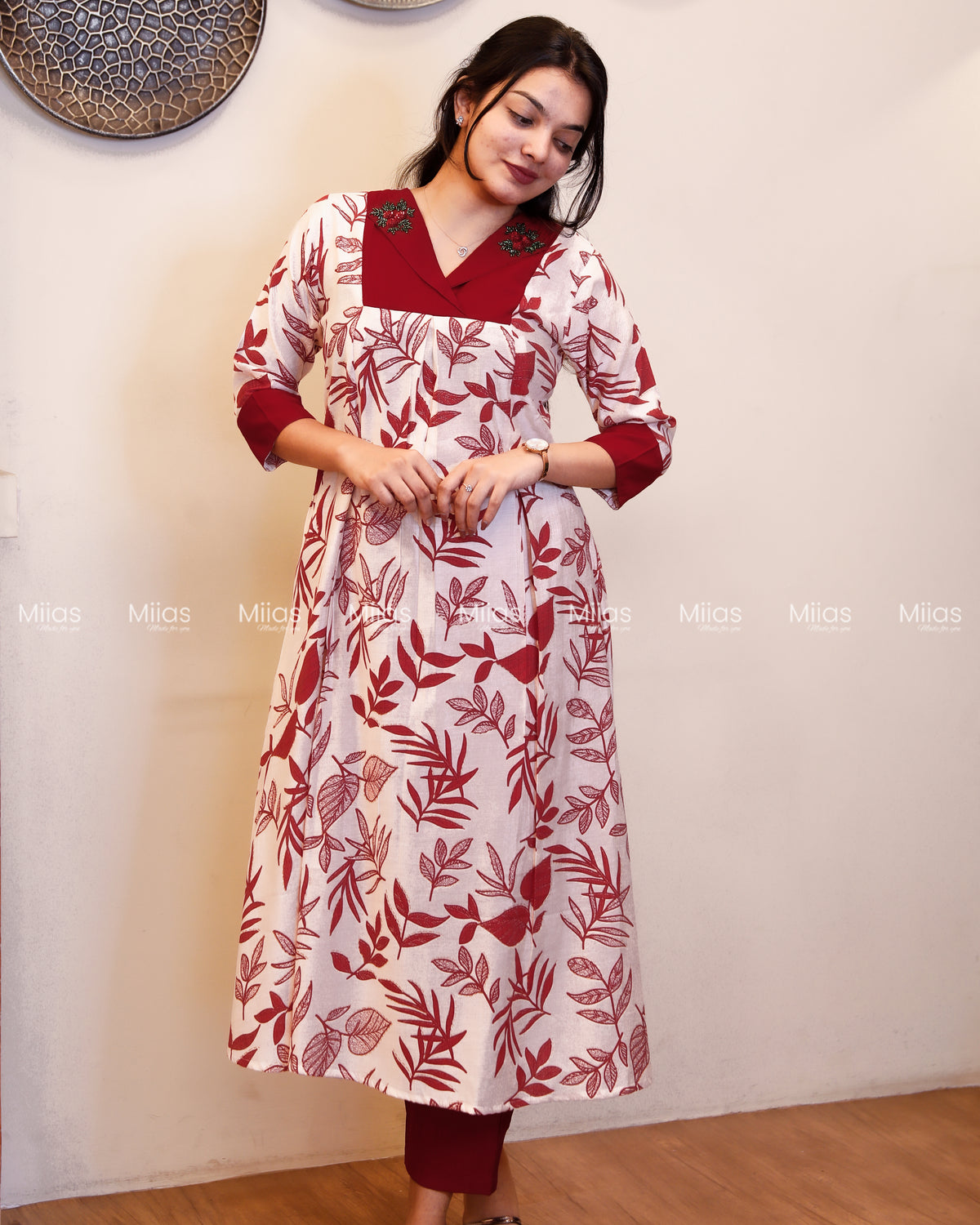 Vatican Fabric Kurti | Floral A-Line Top + Pockets | White & Reddish maroon