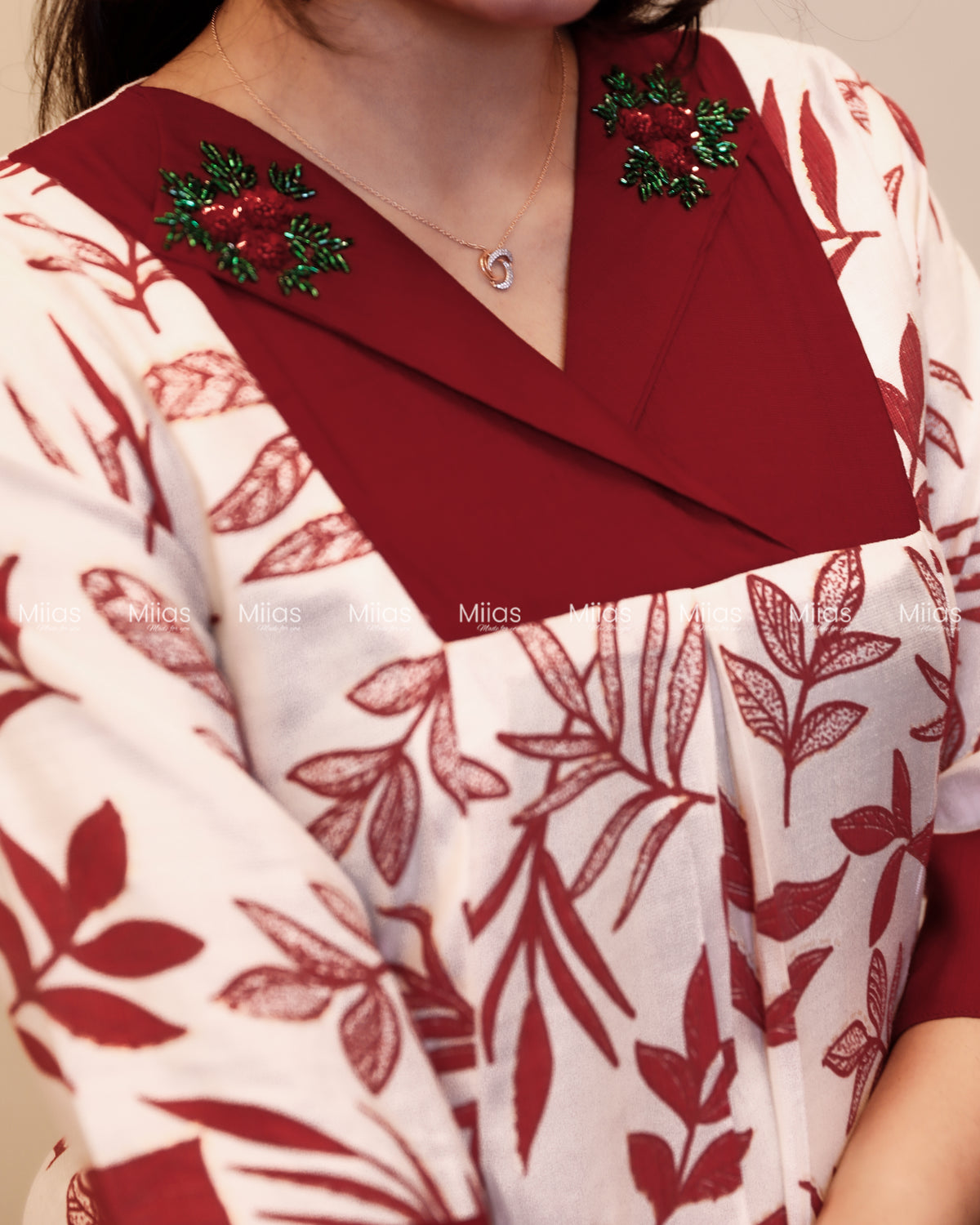 Vatican Fabric Kurti | Floral A-Line Top + Pockets | White & Reddish maroon