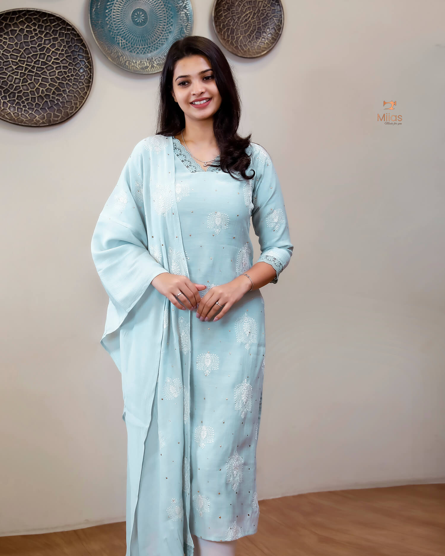 Crushed Dhara Silk | Embroidered Slit Top & Dupatta Set | Pastel Blue